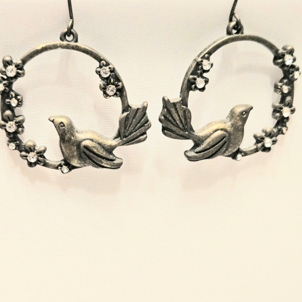 Antiqued Pewter-Tone Bird on Swing Pierced Dangle Earrings with Crystal Flowers